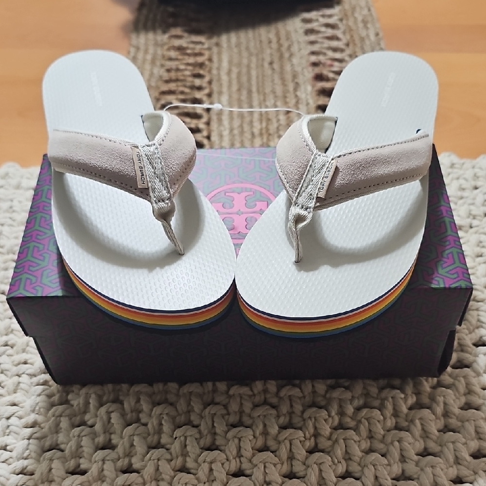 70's Platform Flip Flops Tory Burch Calcare/Sterling Gray / Rainbow Size 10 New